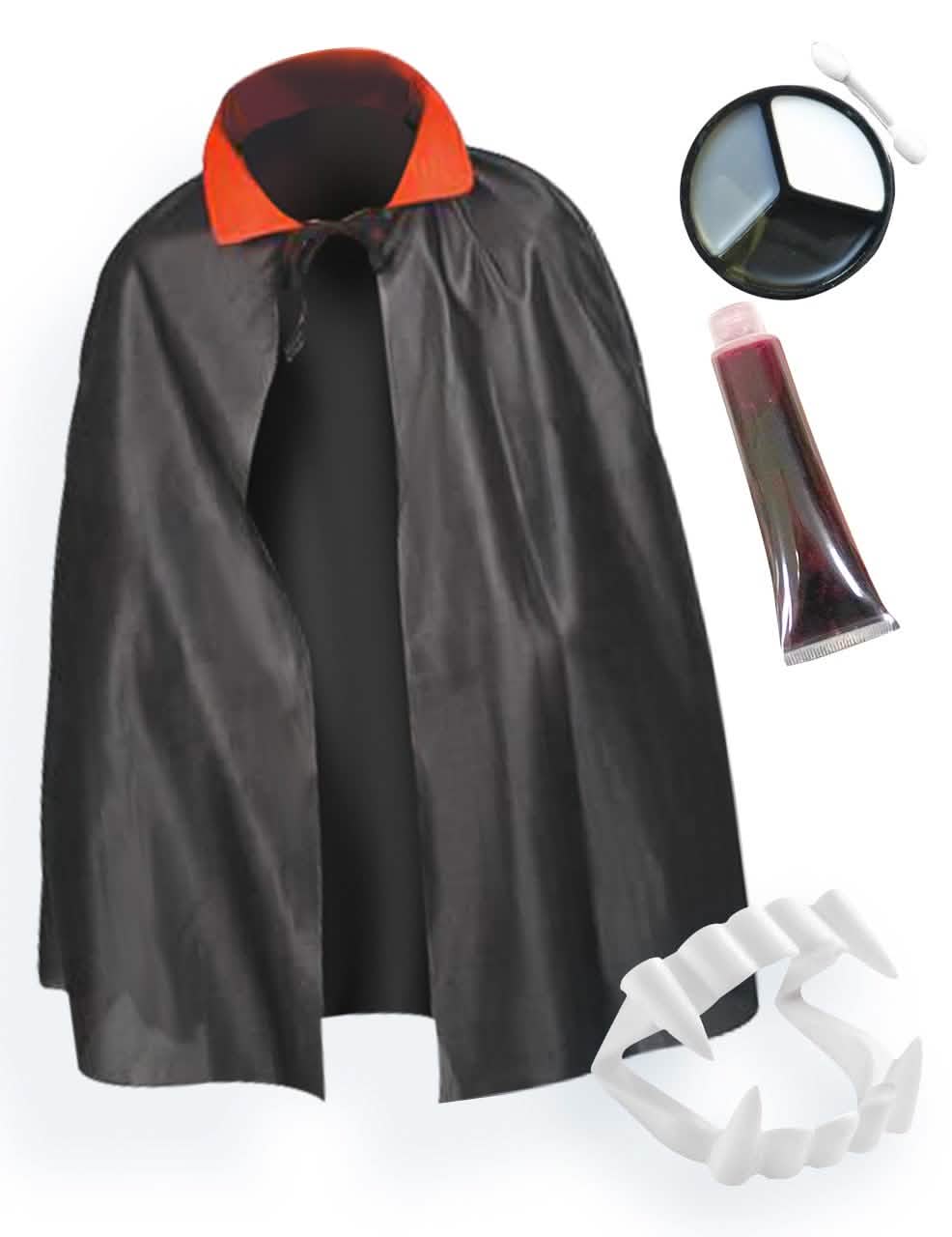 Kit accessoires vampire pour enfant avec cape noire à col rouge dentier et maquillage