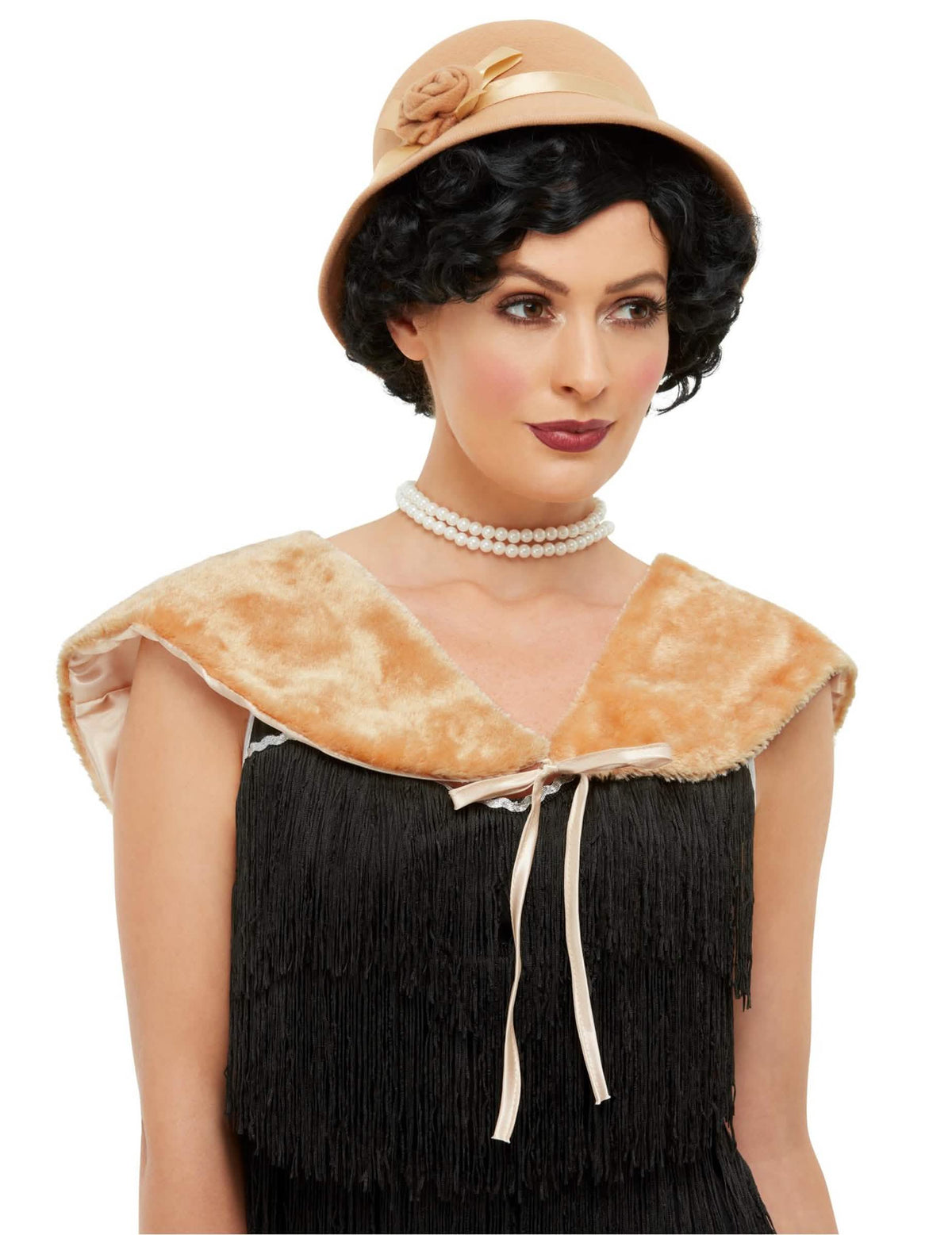 Kit années 20 pour femme beige avec chapeau cloche et étole en fausse fourrure
