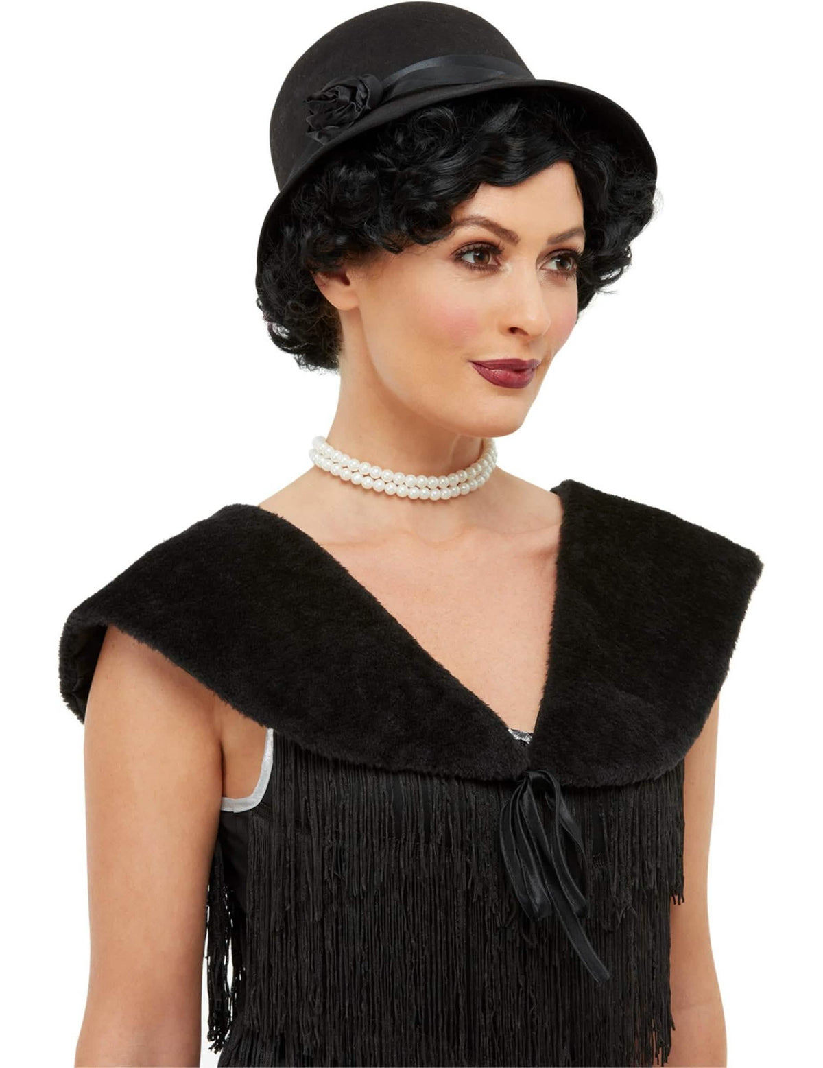 Kit de los años 20 para mujer negro con sombrero cloche y estola de piel sintética