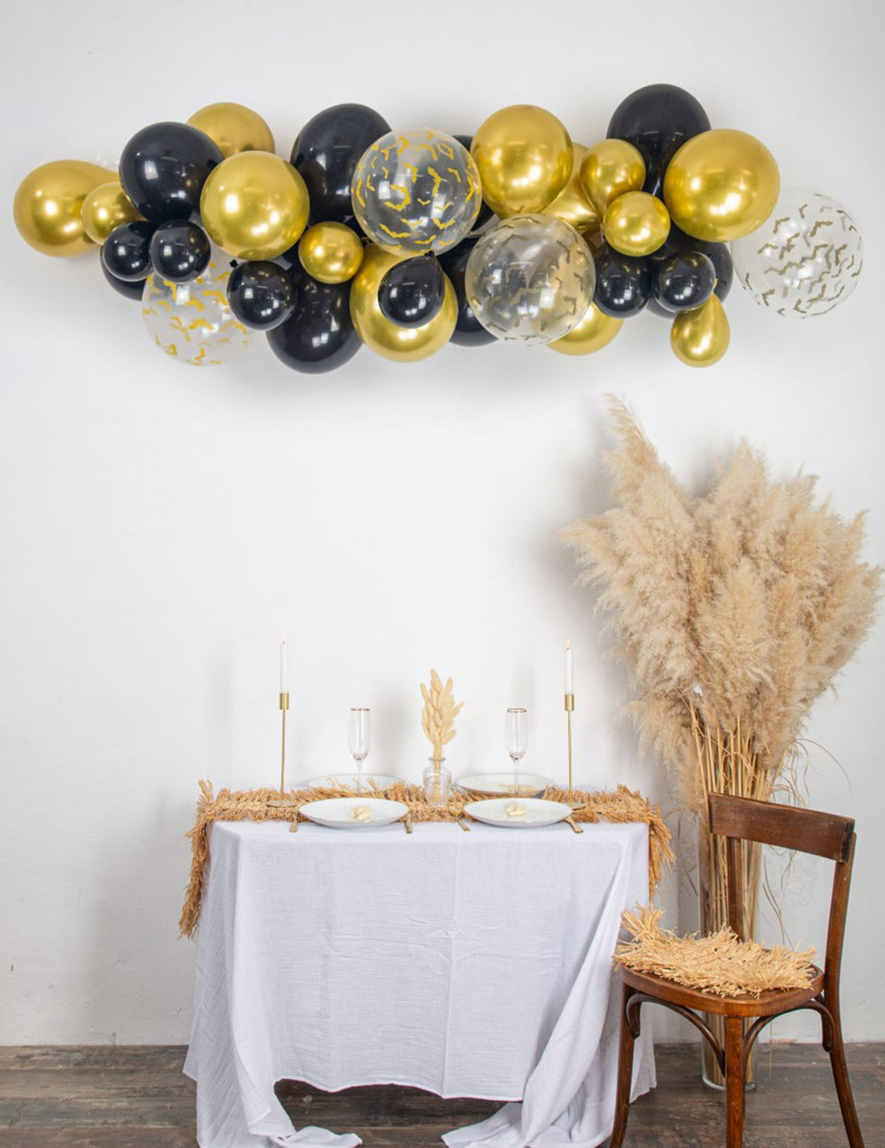 Kit arche de 34 ballons Halloween pour fête noir, or et transparent avec chauve-souris