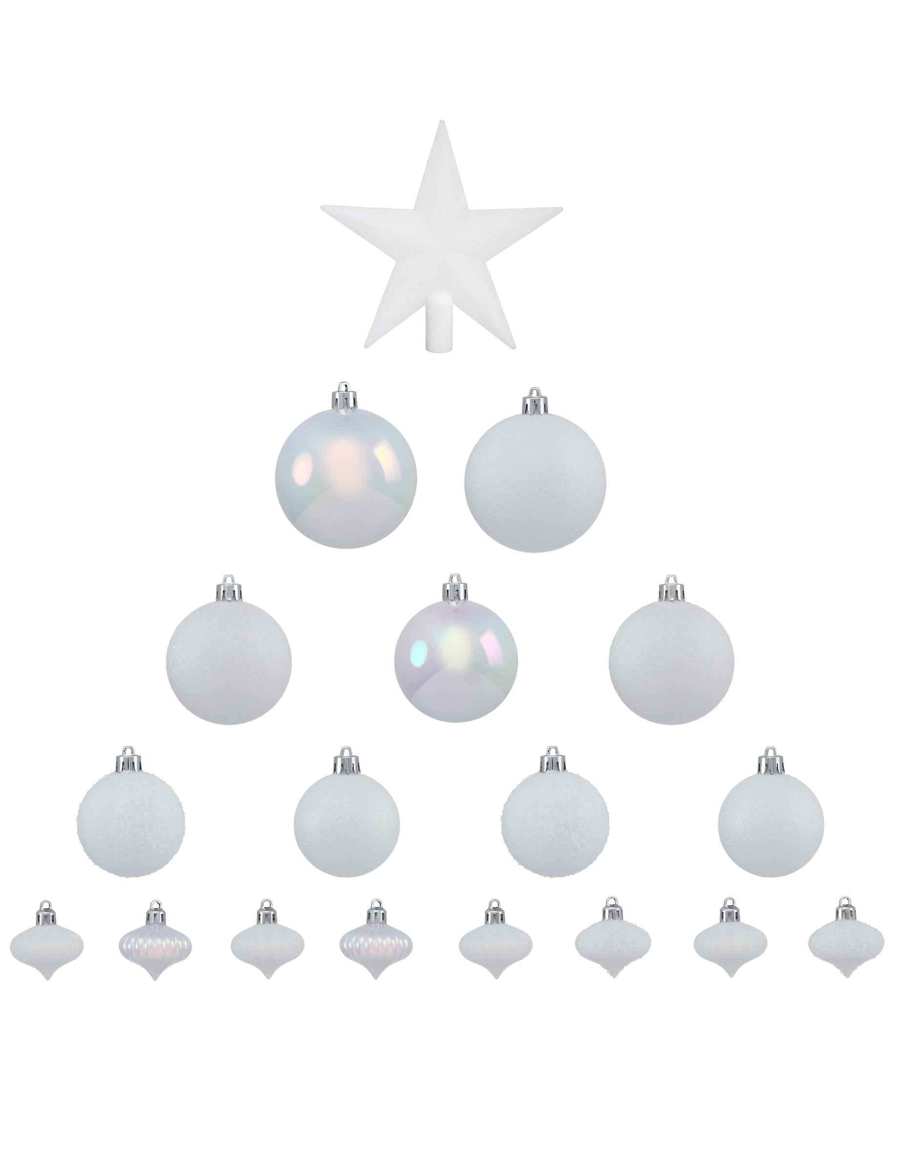 Vue d'ensemble du contenu du kit décorations de sapin blanc pour fête