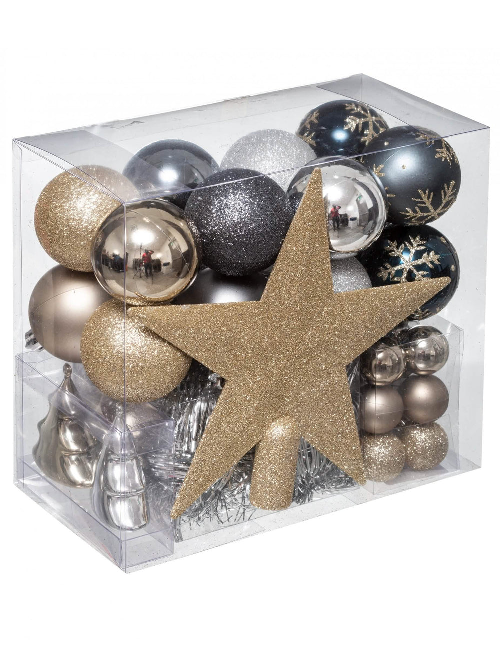 Kit décorations de sapin or et argent avec boules et cimier étoile pailleté