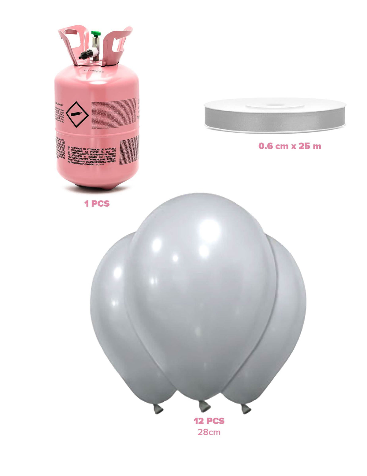 Kit de cilindro de helio con 12 globos plateados y cinta de raso