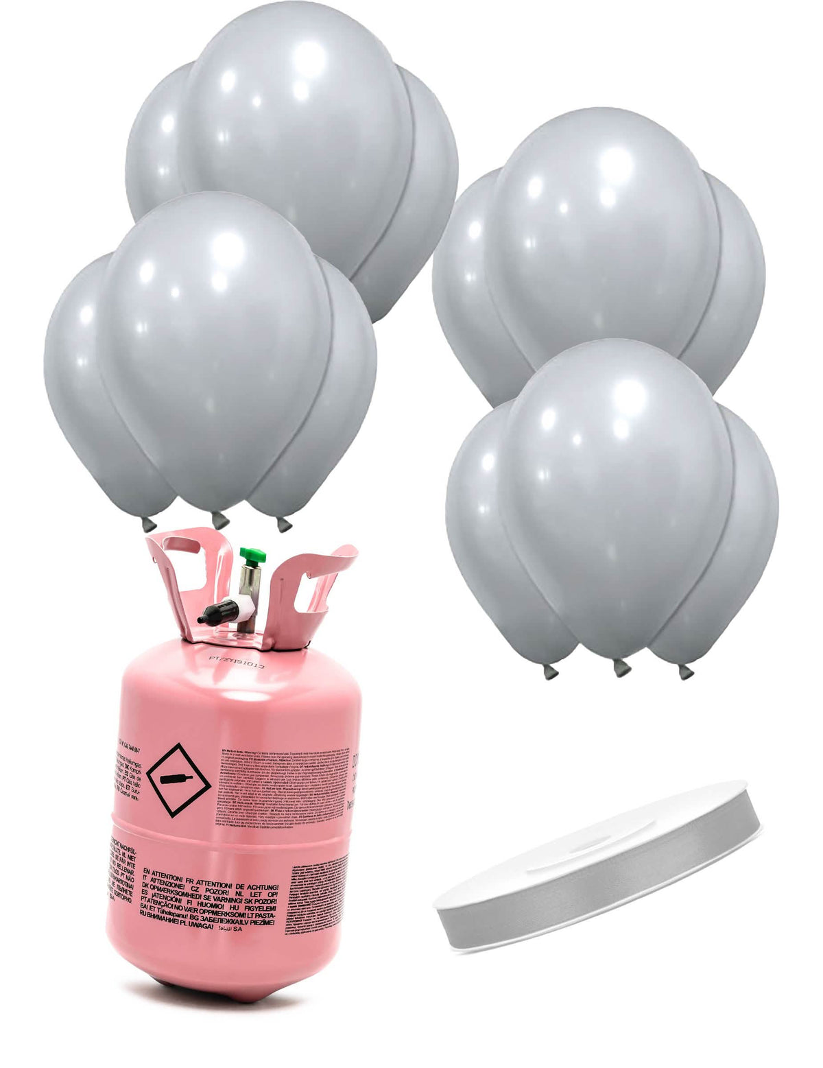 Kit de cilindro de helio con 12 globos plateados y cinta de raso