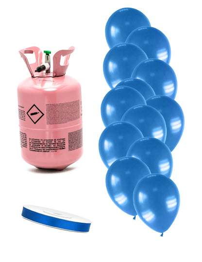 Kit de cilindro de helio con 12 globos azul oscuro metalizado y una cinta