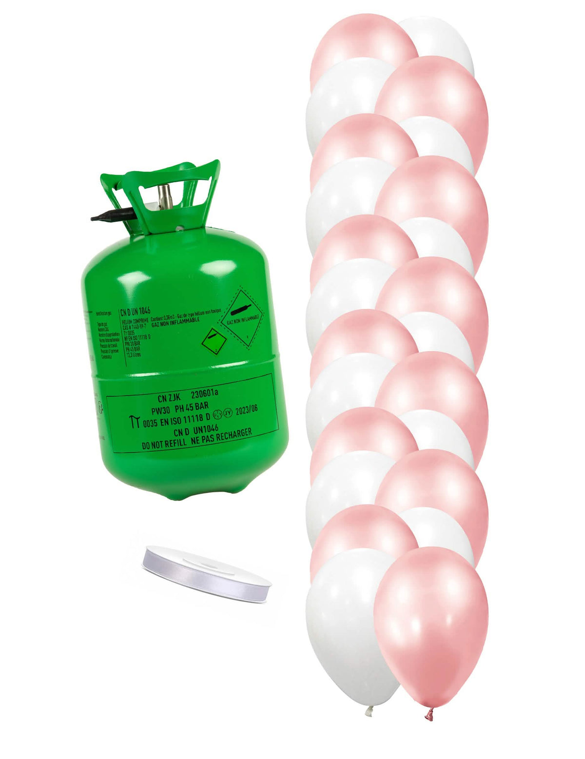Kit de cilindro de helio con 12 globos rosa-oro 12 globos blancos y cinta