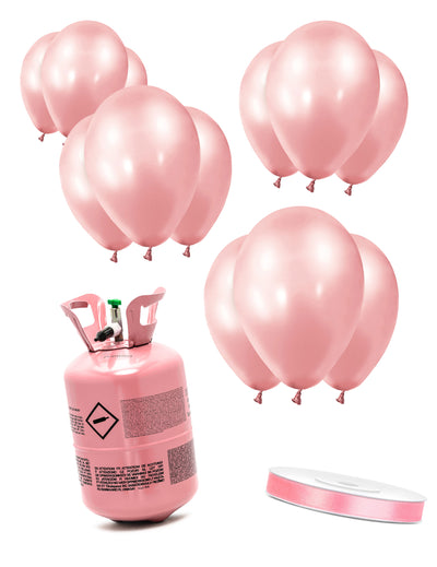 Kit de cilindro de helio con 12 globos rosa dorado y cinta de raso