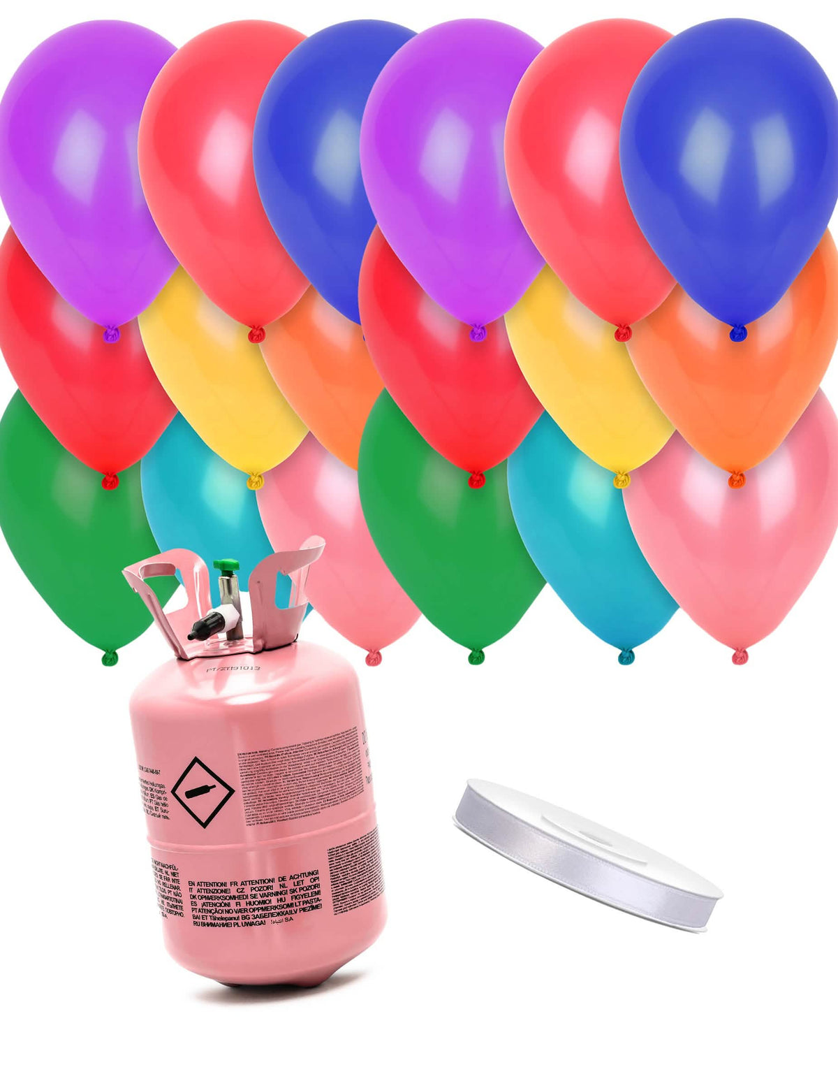 Kit de botella de helio con 24 globos multicolores y cinta