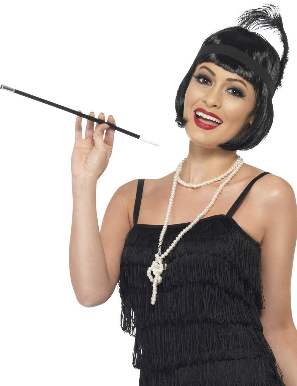 Kit cabaret para mujer negro con diadema de plumas y collar de perlas