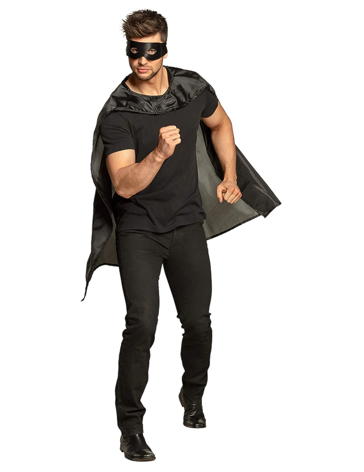Pose dynamique du kit cape et masque de super héros