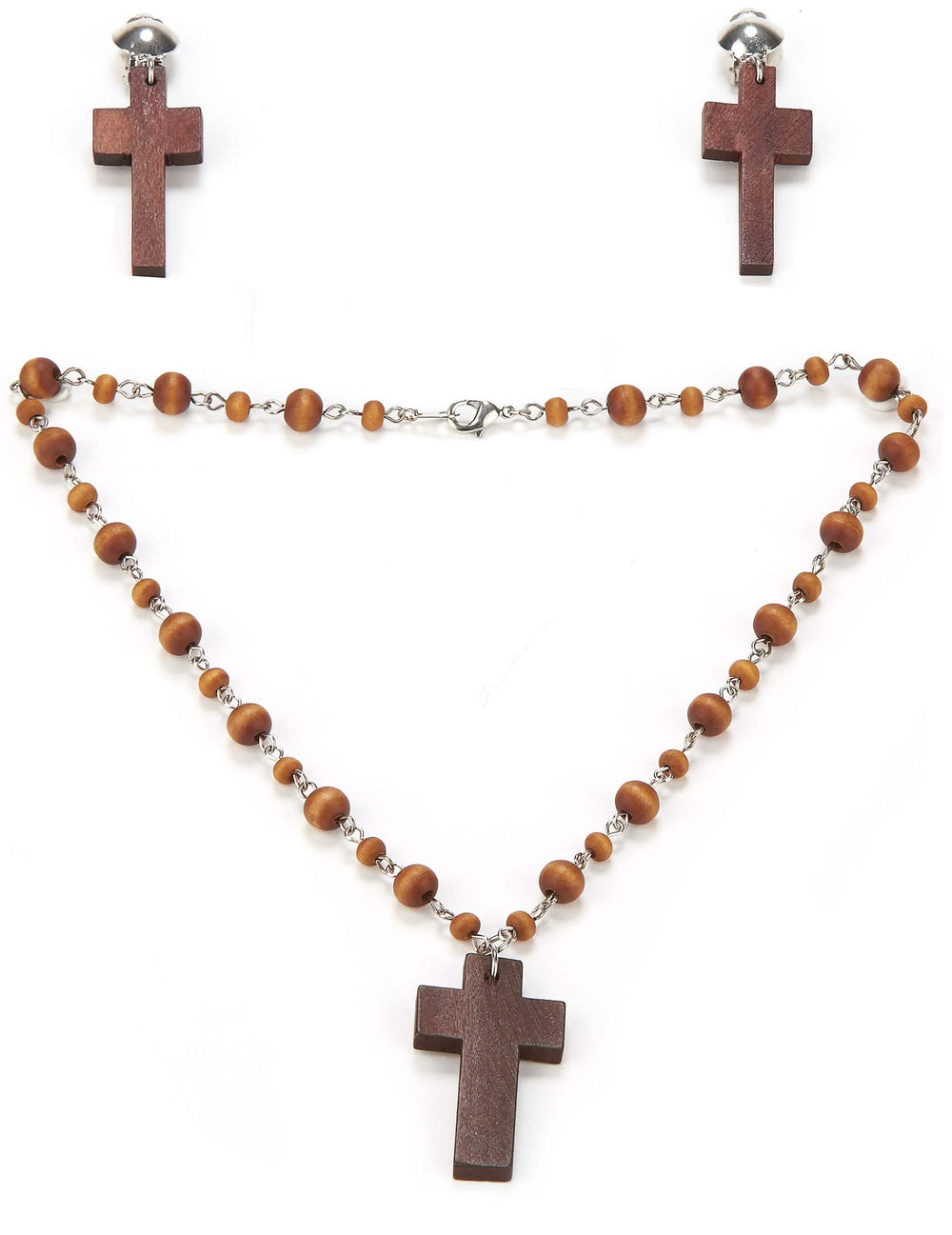 Kit de collar y pendientes de monja para mujer en madera marrón