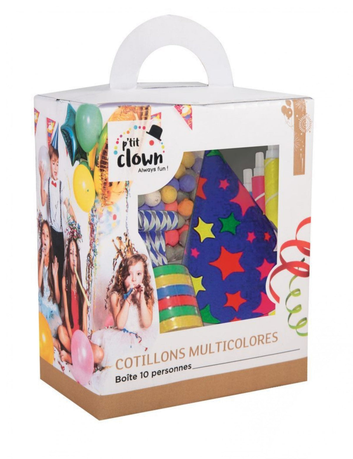 Boîte d'emballage du kit cotillons multicolores pour 10 personnes