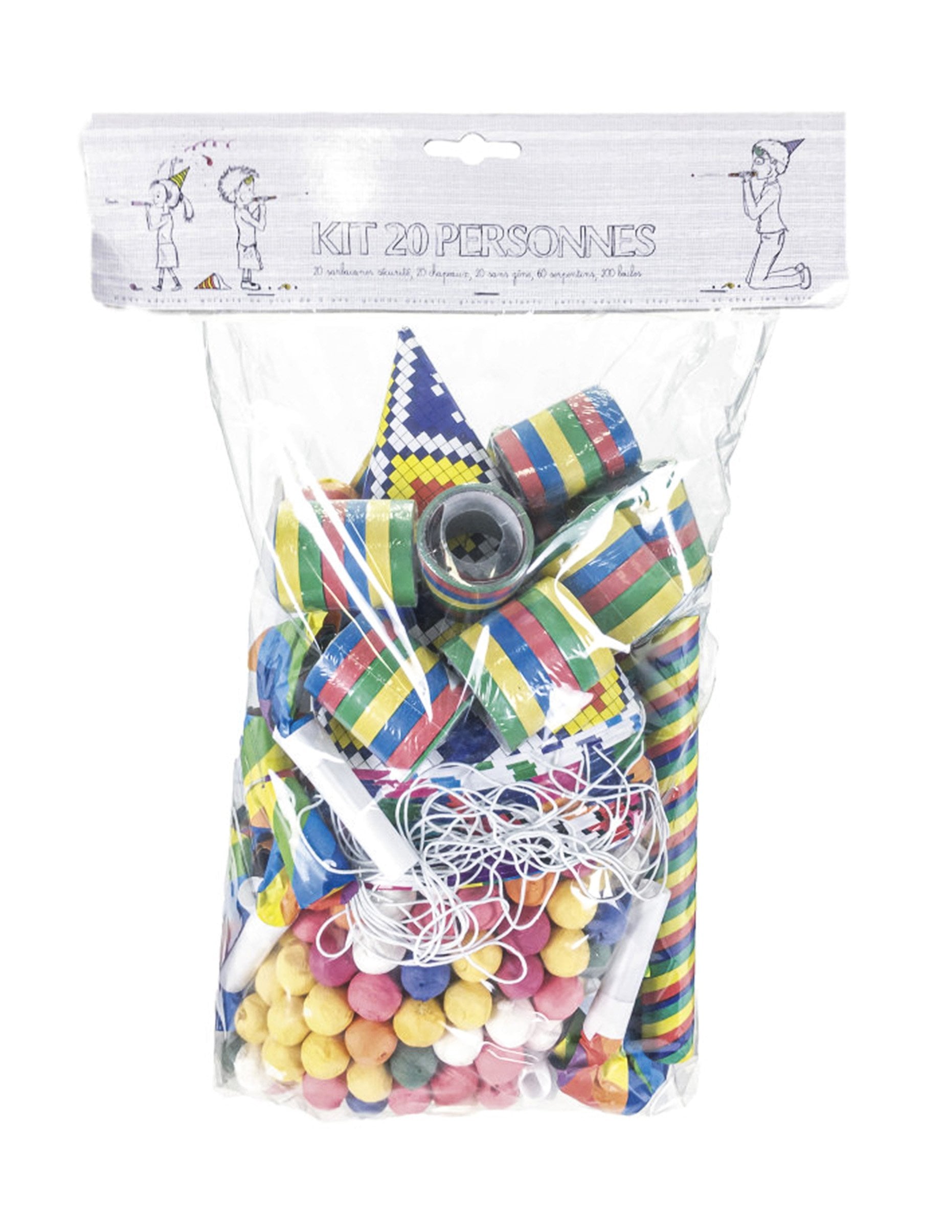 Vue de l'emballage du Kit cotillons multicolores pour 20 personnes