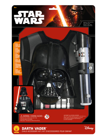 Vue du packaging avec les accessoires du kit Dark Vador pour enfant