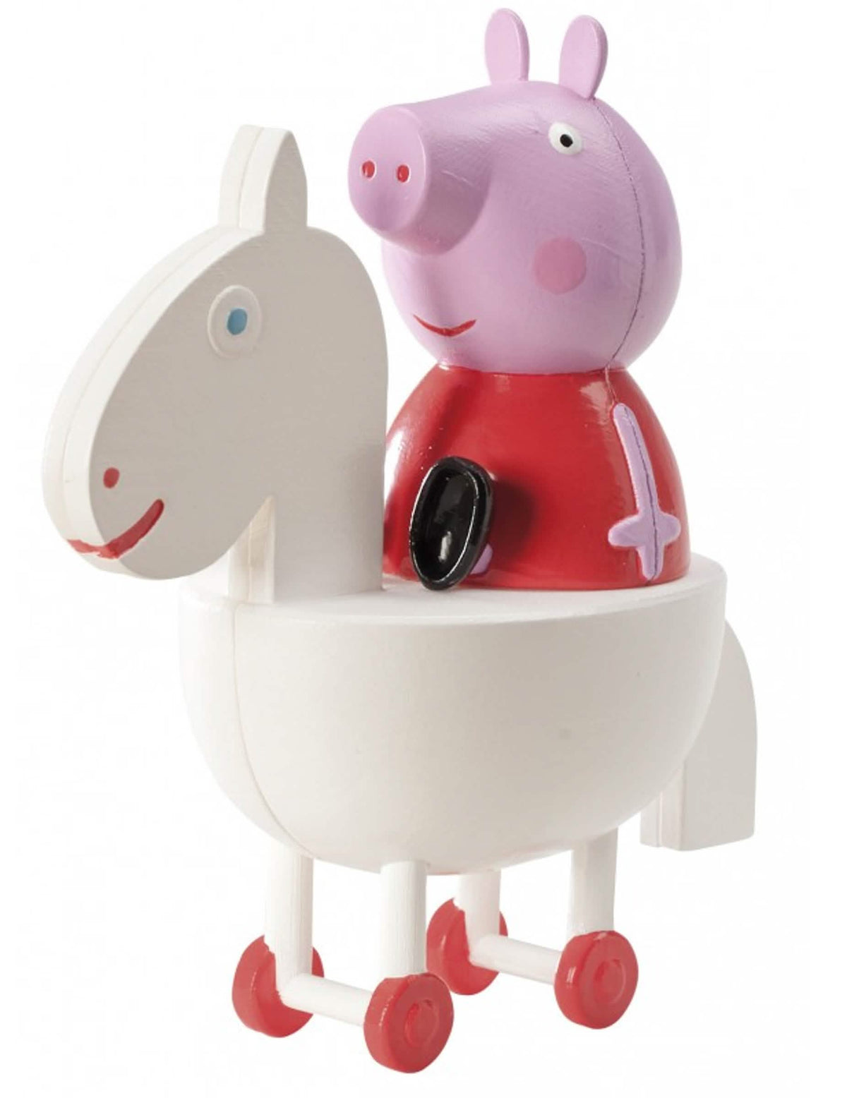Vista de perfil de la figurita de Peppa sobre su caballo blanco del kit de decoración para tarta Peppa Pig