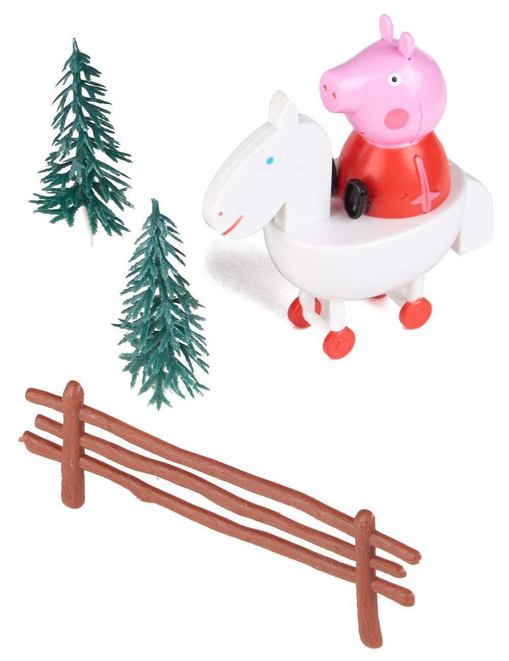 Kit de decoración para tarta Peppa Pig con Peppa sobre un caballo blanco, abetos y barrera