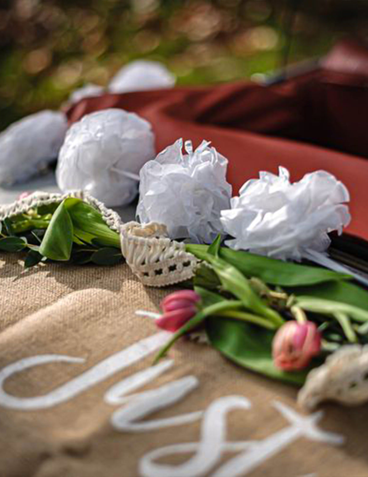 Kit Coche de Novios Rústico Yute y Encaje Completo Just Married