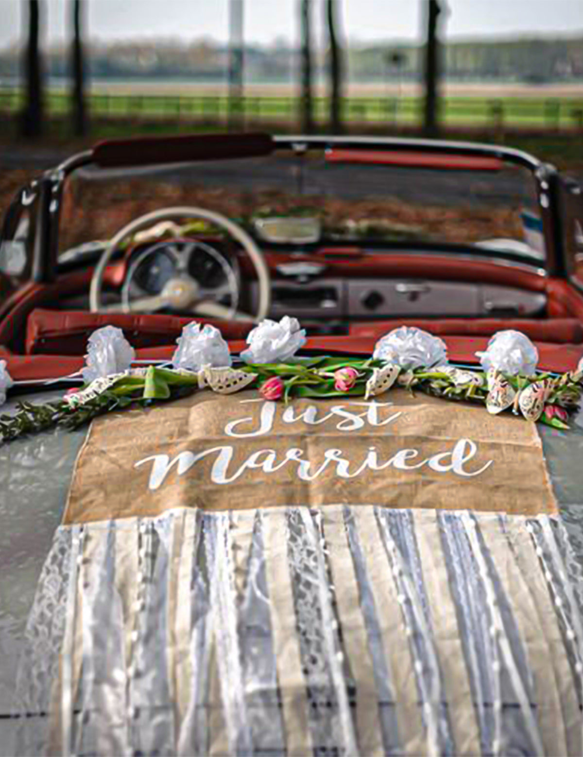 Kit Coche de Novios Rústico Yute y Encaje Completo Just Married