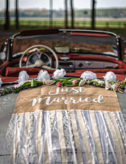 Kit Coche de Novios Rústico Yute y Encaje Completo Just Married