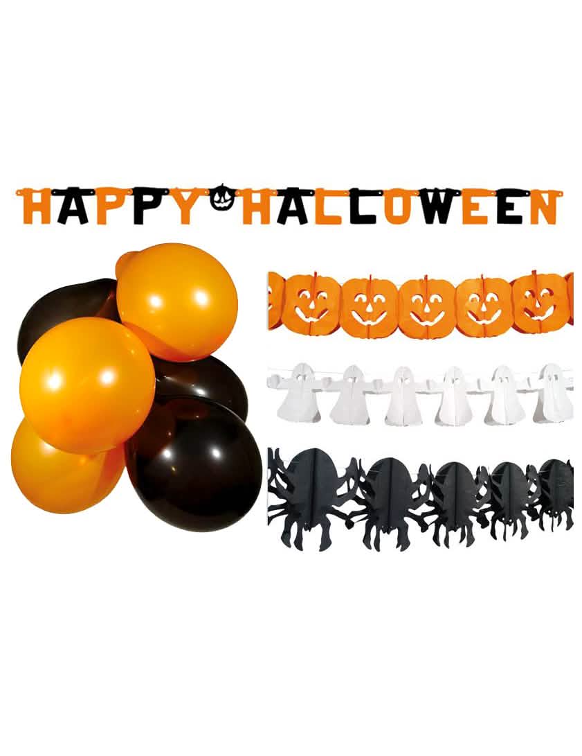 Kit de decoraciones de halloween para la fiesta naranja, blanco y negro con globos y guirnaldas