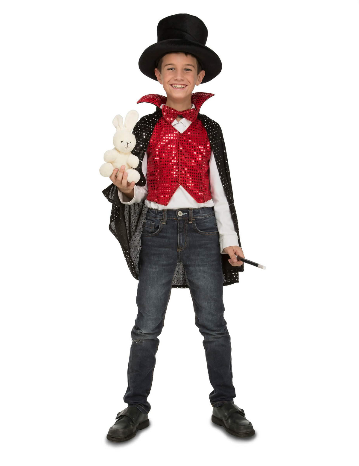 Kit de disfraz con accesorios de magos para niño rojo y negro con lentejuelas