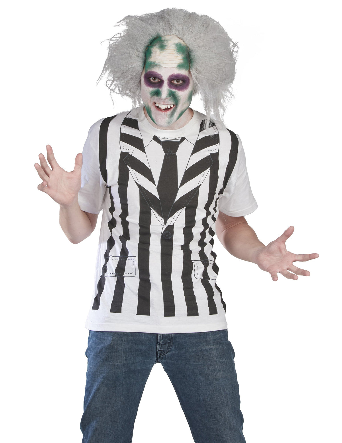 Kit déguisement et perruque Beetlejuice pour adulte à rayures noires et blanches avec perruque grise