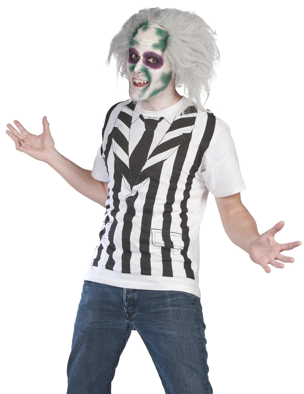 Vue de face du kit déguisement et perruque Beetlejuice