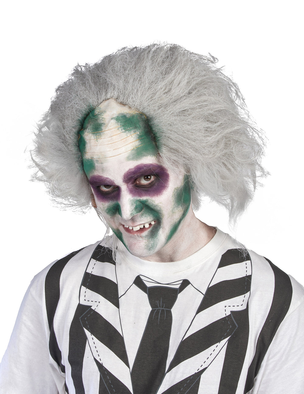 Gros plan sur le maquillage et la perruque du kit déguisement et perruque Beetlejuice