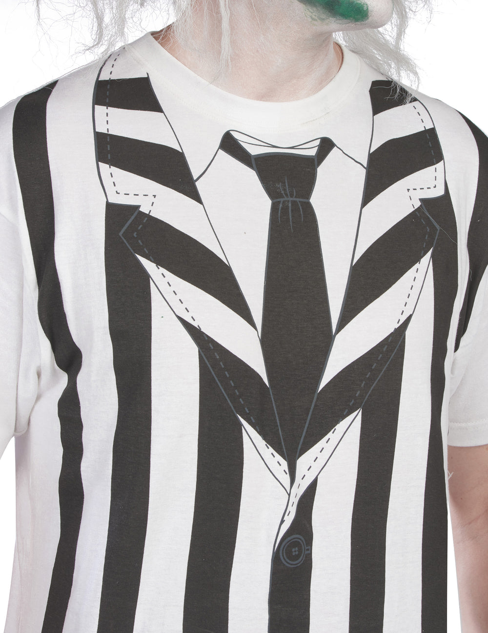 Détail de l'imprimé veste et cravate du kit déguisement et perruque Beetlejuice