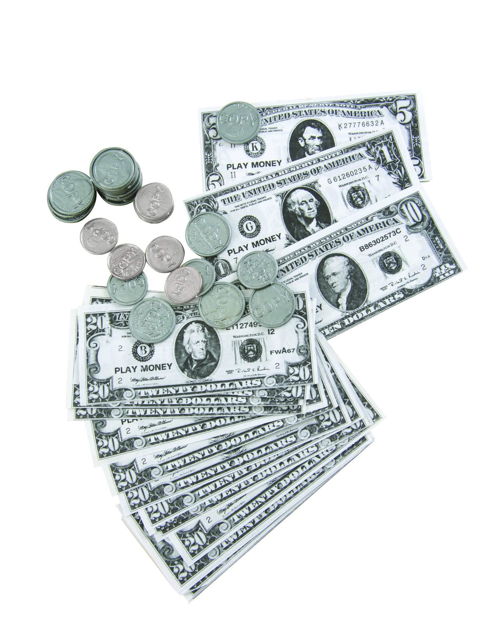 Kit de billetes y monedas de dólares para niño y adulto, falsos, verdes y plateados