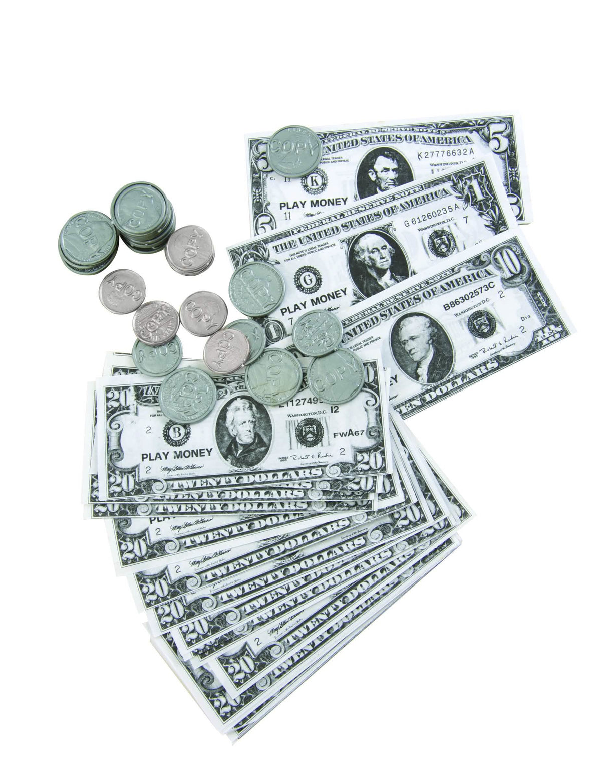 Kit de billetes y monedas de dólares para niño y adulto, falsos, verdes y plateados