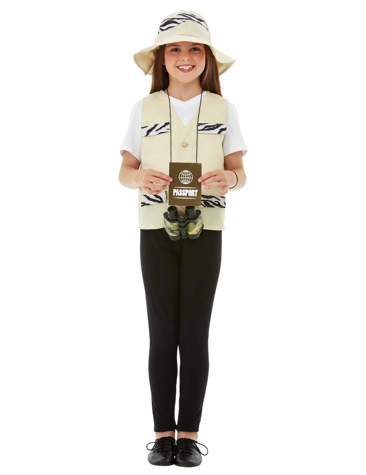 Kit de explorador para niño beige con motivos de cebra, sombrero y prismáticos