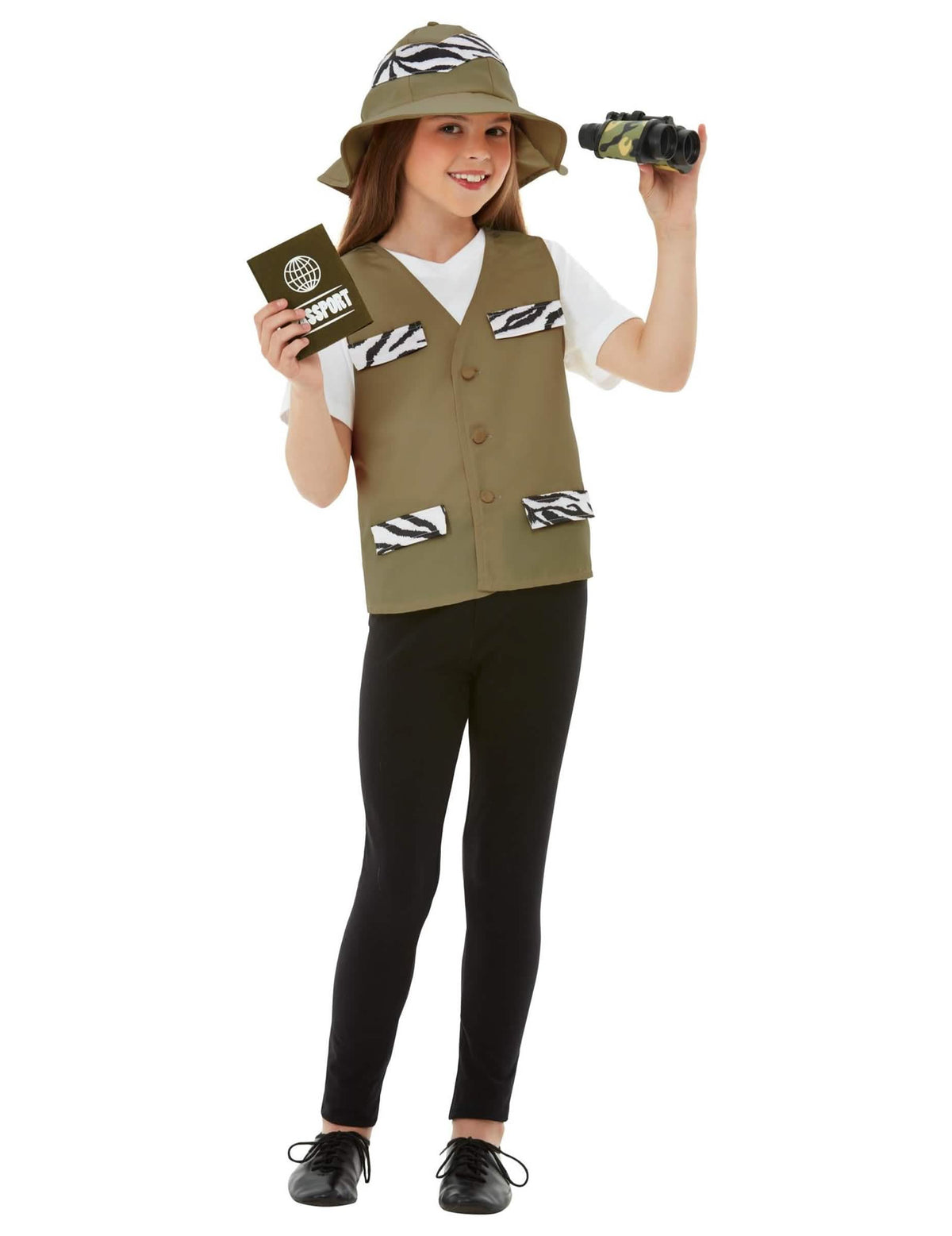Kit explorador para niño verde caqui con motivos de cebra y sombrero