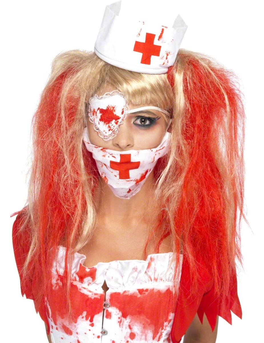 Kit infirmière ensanglantée pour femme blanc et rouge avec masque et cache-œil