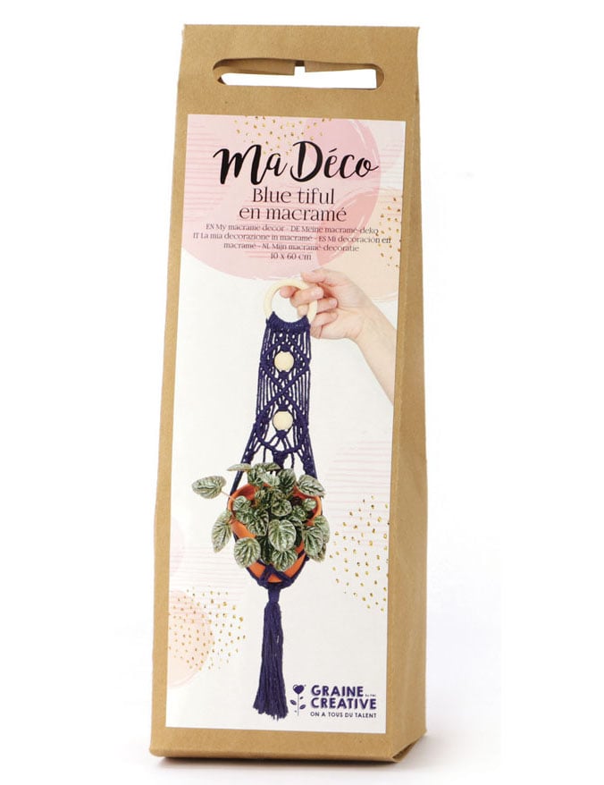 Emballage du kit macramé suspension plante bleue avec pot en terre