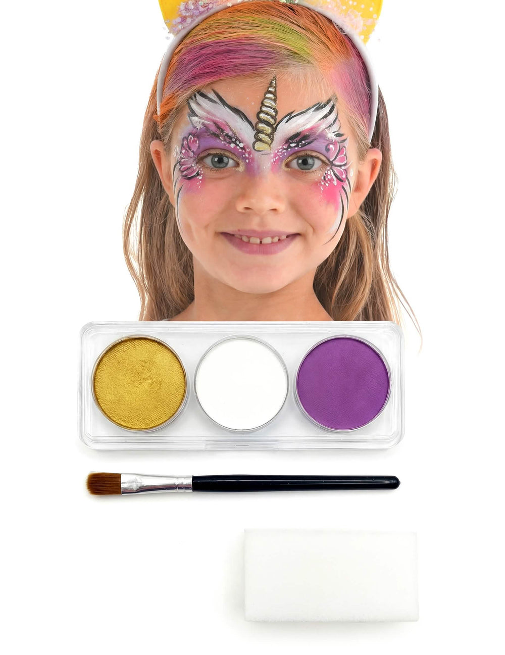 Kit maquillaje unicornio para niña dorado blanco y violeta con pincel y esponja