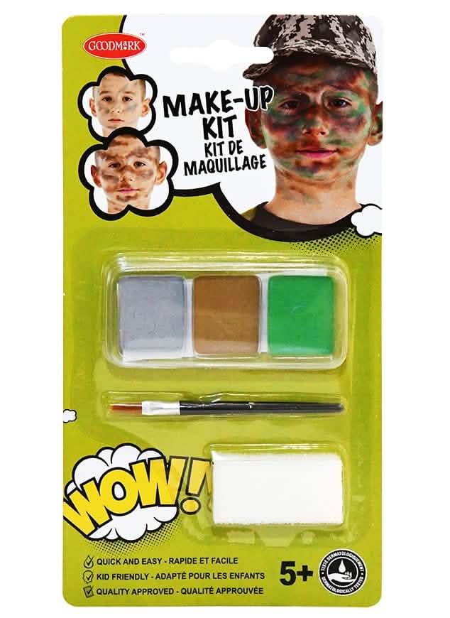 Vista frontal del embalaje del kit de maquillaje militar para niño