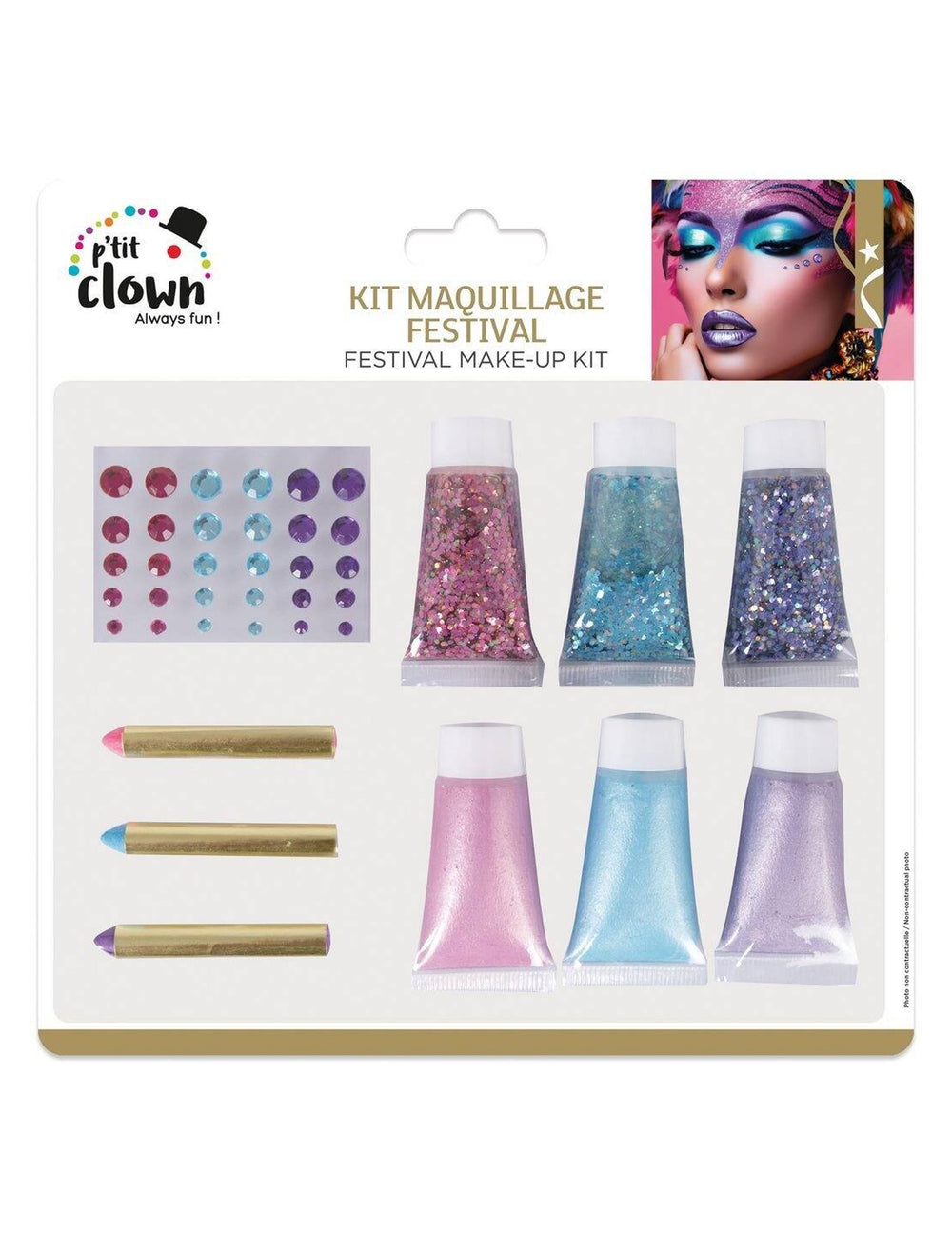 Kit maquillage pailleté de festival pour adulte rose, bleu et violet avec strass