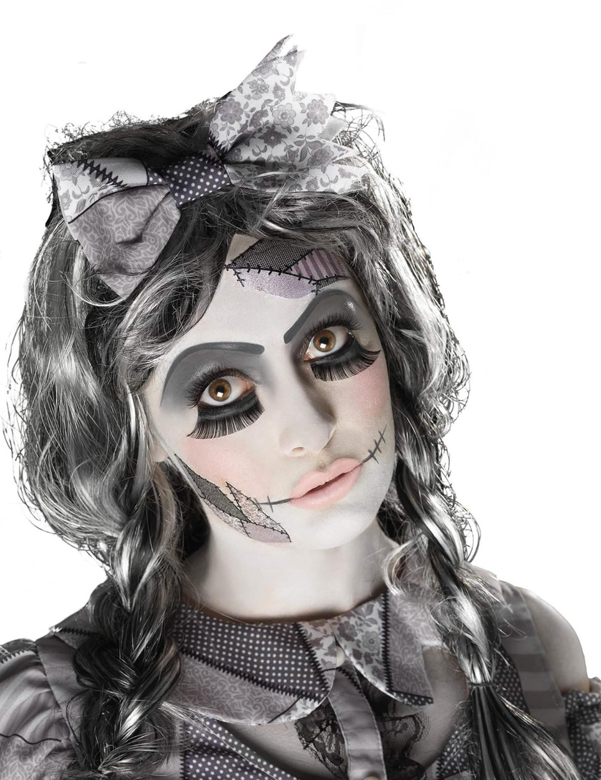 Kit maquillage poupée Halloween pour adulte gris et blanc avec cicatrices et faux cils