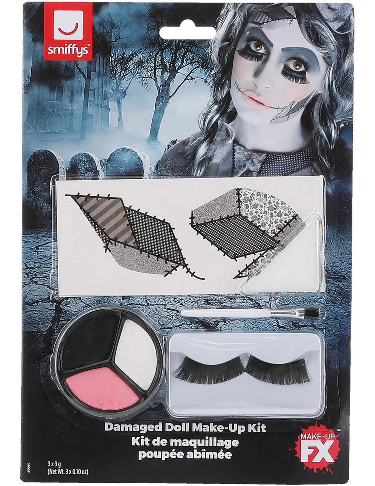 Détail des accessoires et du packaging du kit maquillage poupée Halloween