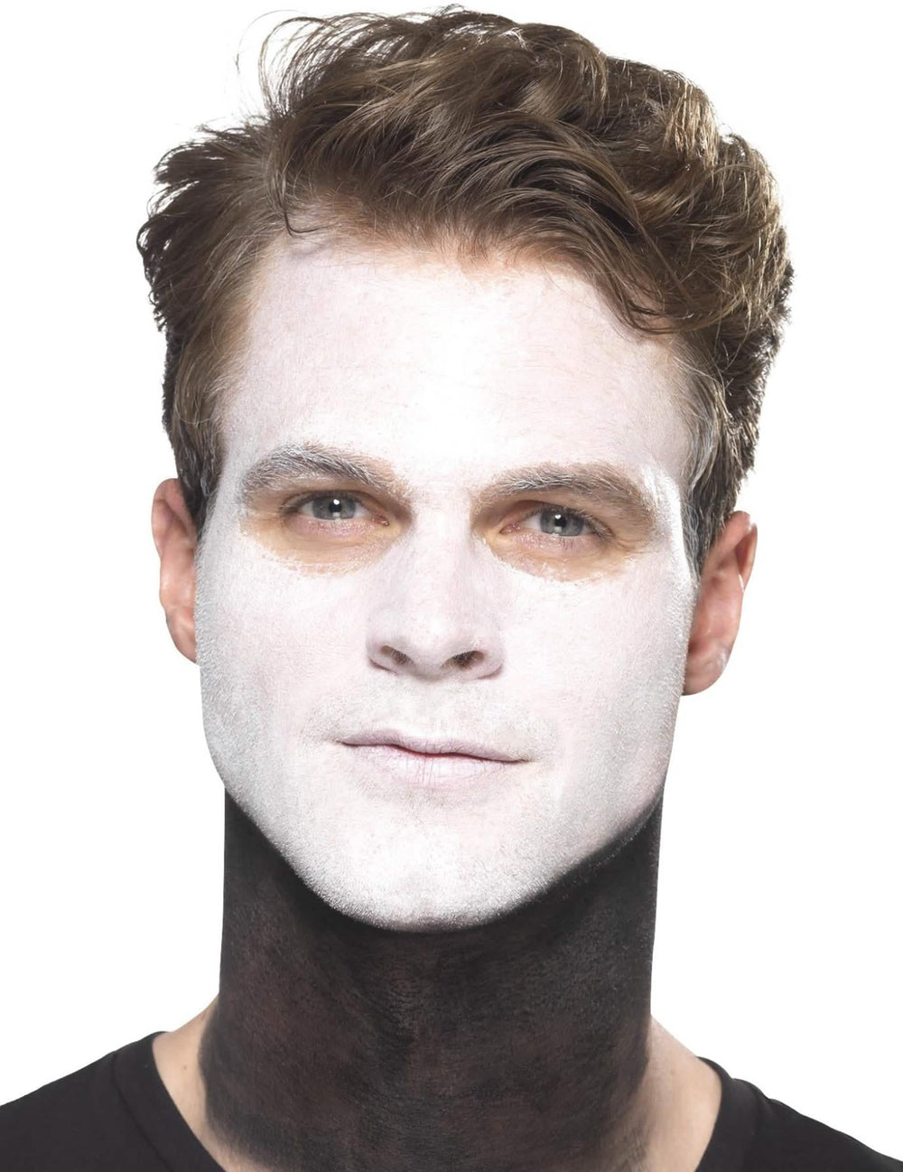 Vue du maquillage de base blanc et noir sur le visage du kit maquillage squelette mexicain Dia de los muertos