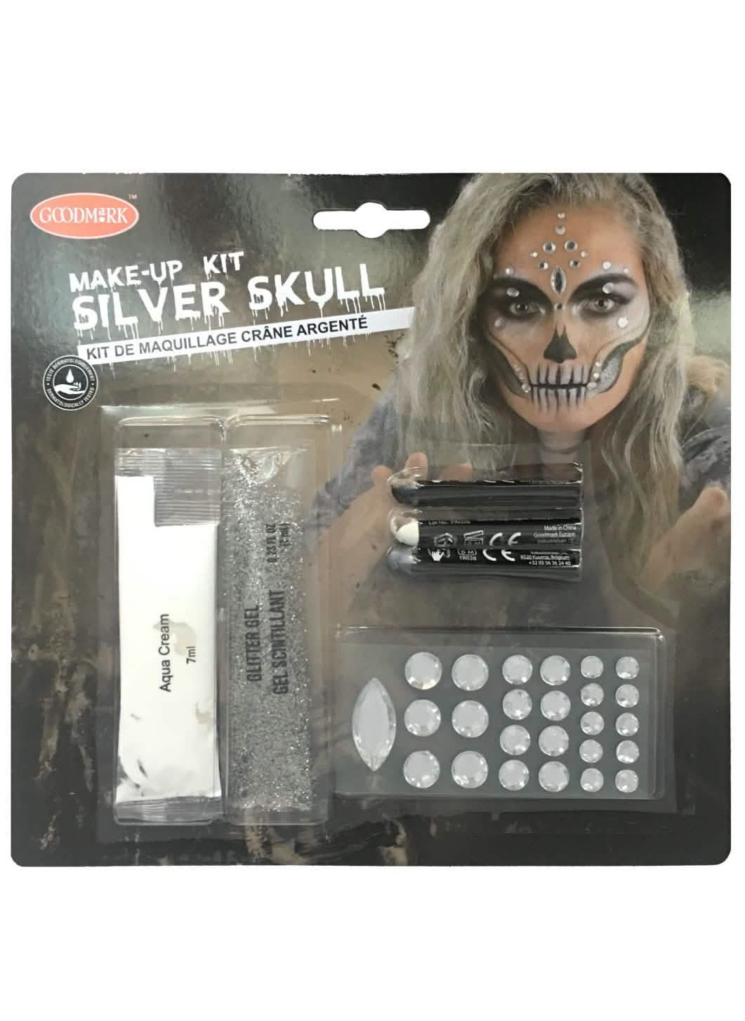 Primer plano del rostro maquillado del Kit maquillaje esqueleto sexy para adulto plateado