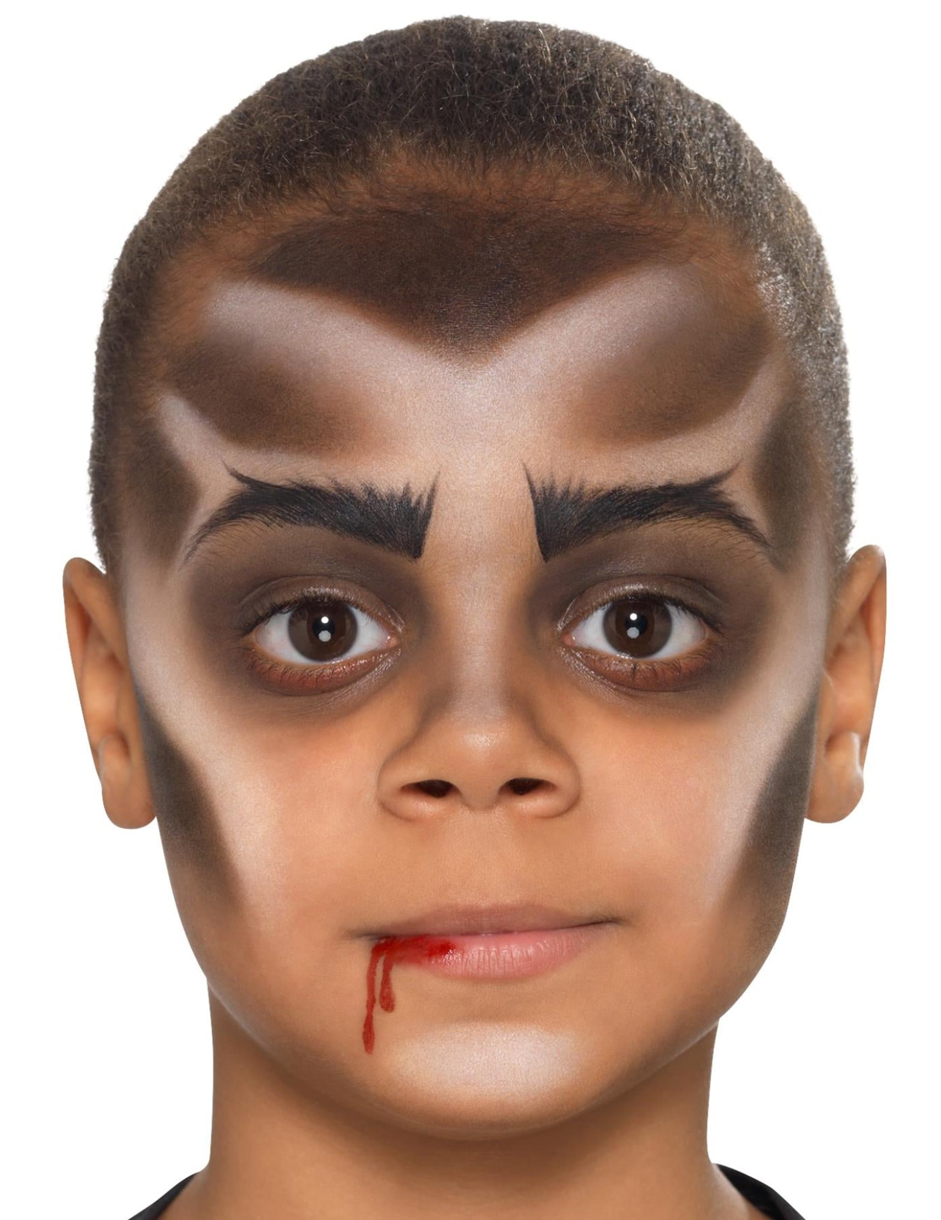 Détail du maquillage du visage et de l'effet sang du kit maquillage vampire avec dentier