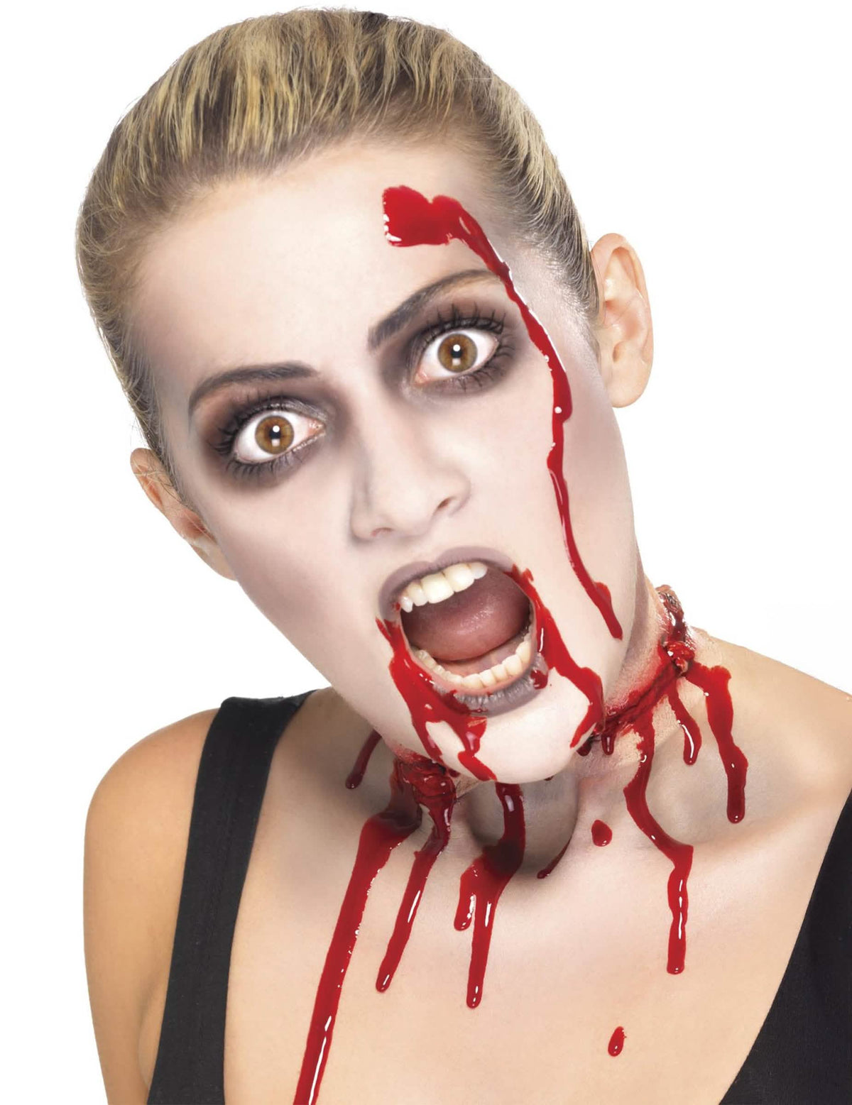 Primer plano del maquillaje del rostro del kit de maquillaje zombie para mujer