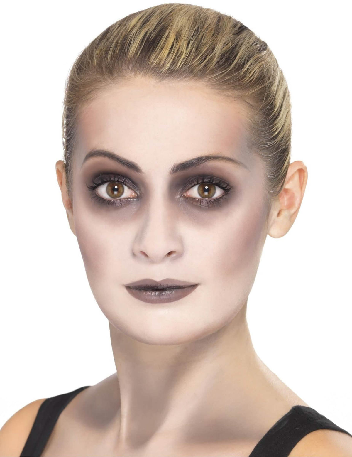 Detalle del maquillaje de ojos y labios del kit de maquillaje zombie para mujer