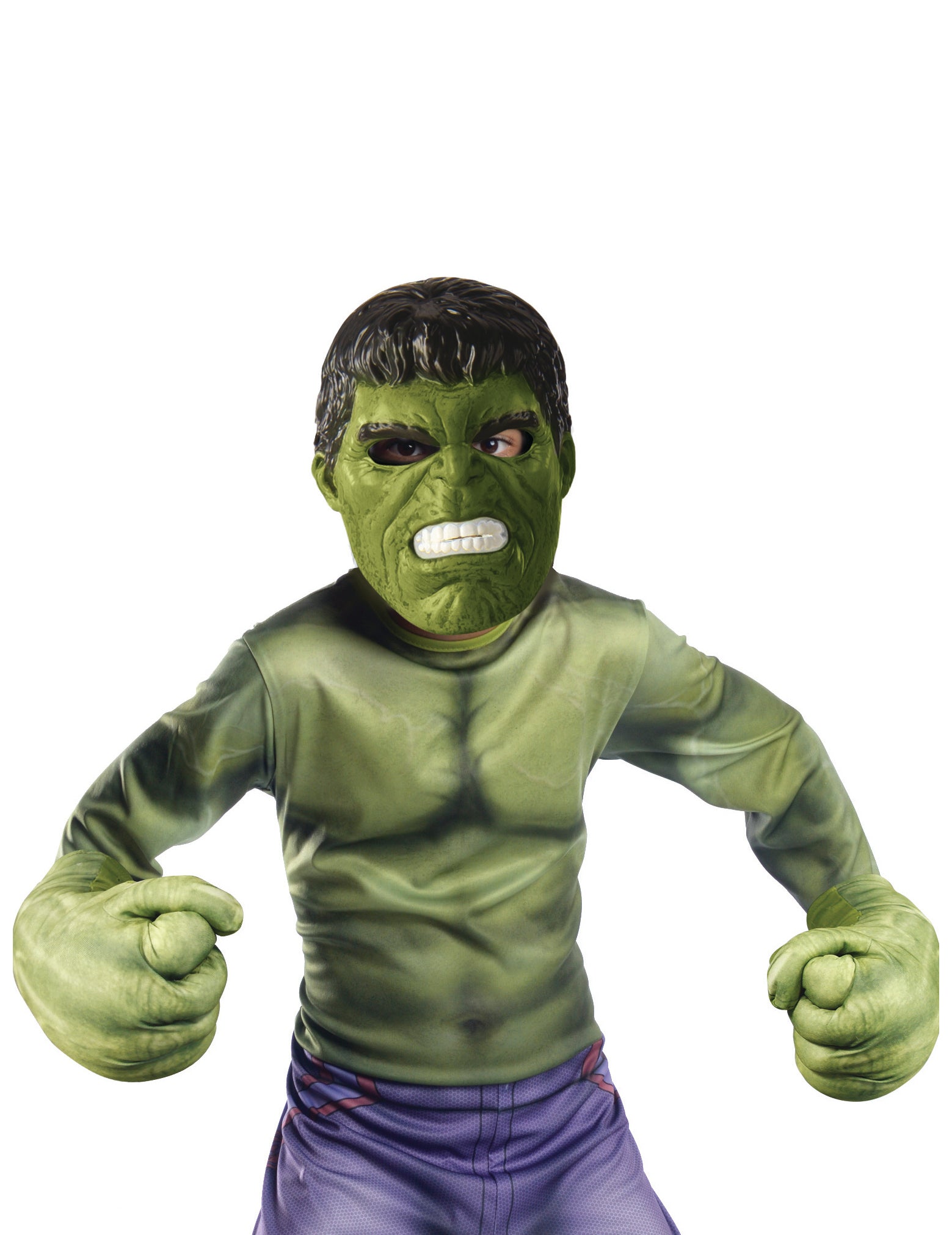 Kit masque et gants géants Hulk pour enfant vert et violet