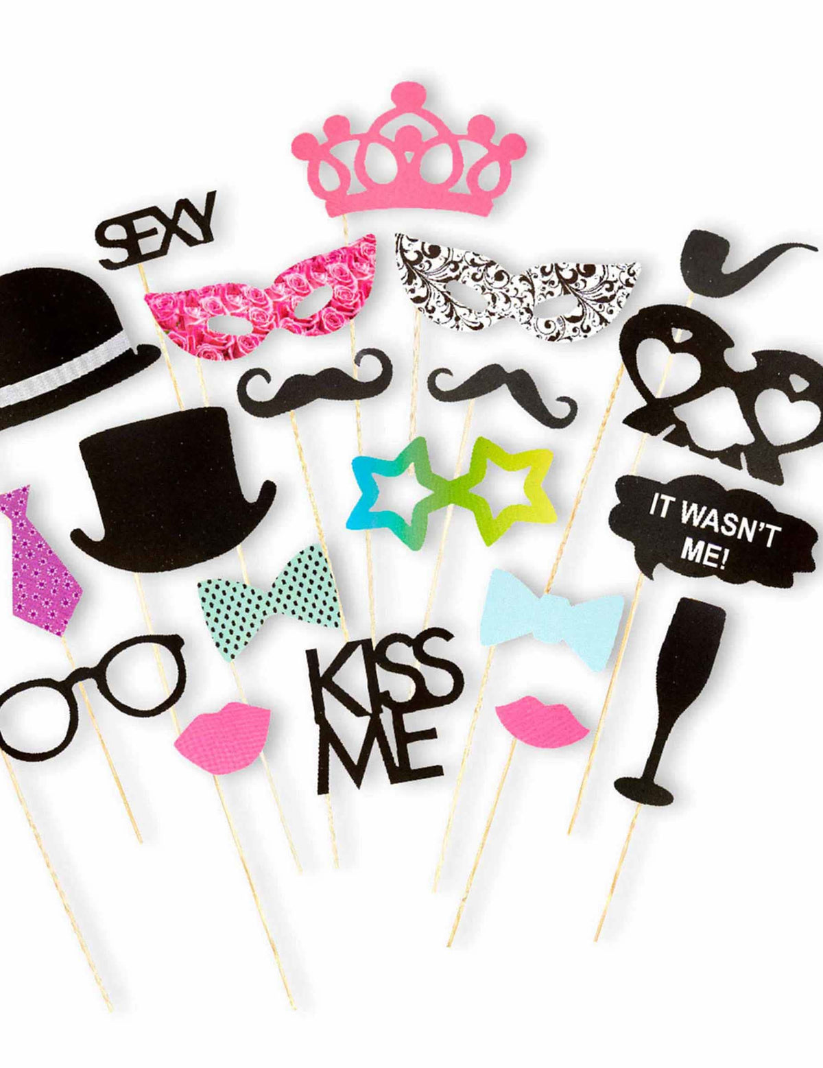 Kit photocall 20 piezas para fiesta multicolor con gafas bigotes y sombreros
