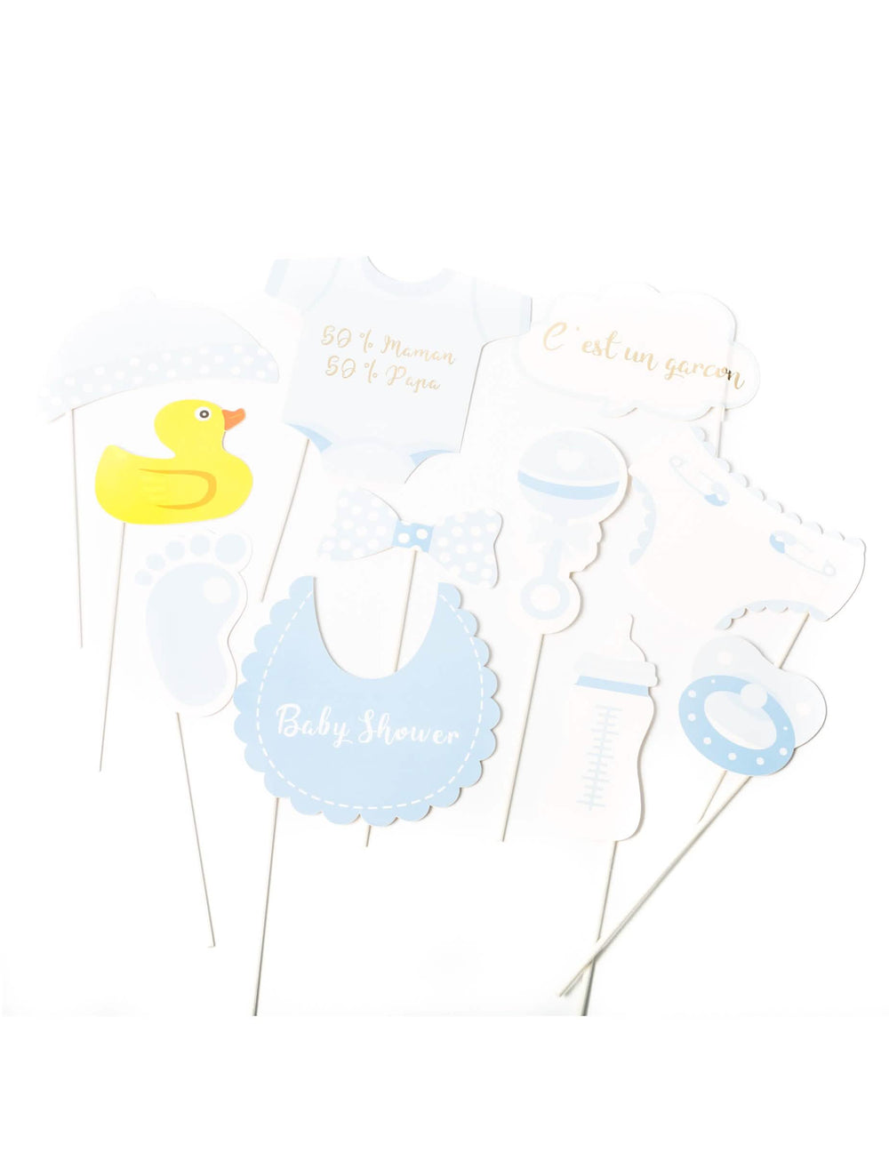 Kit photobooth baby shower pour garçon bleu et blanc 11 pièces sur tiges