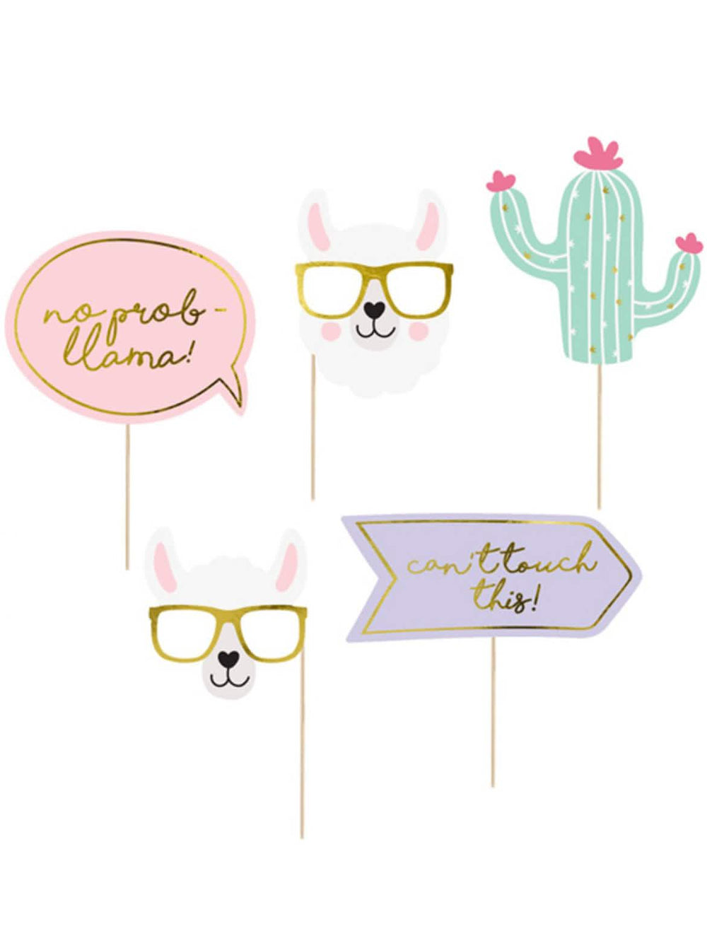 Kit photocall llama pastel 5 piezas para cumpleaños multicolor con detalles dorados