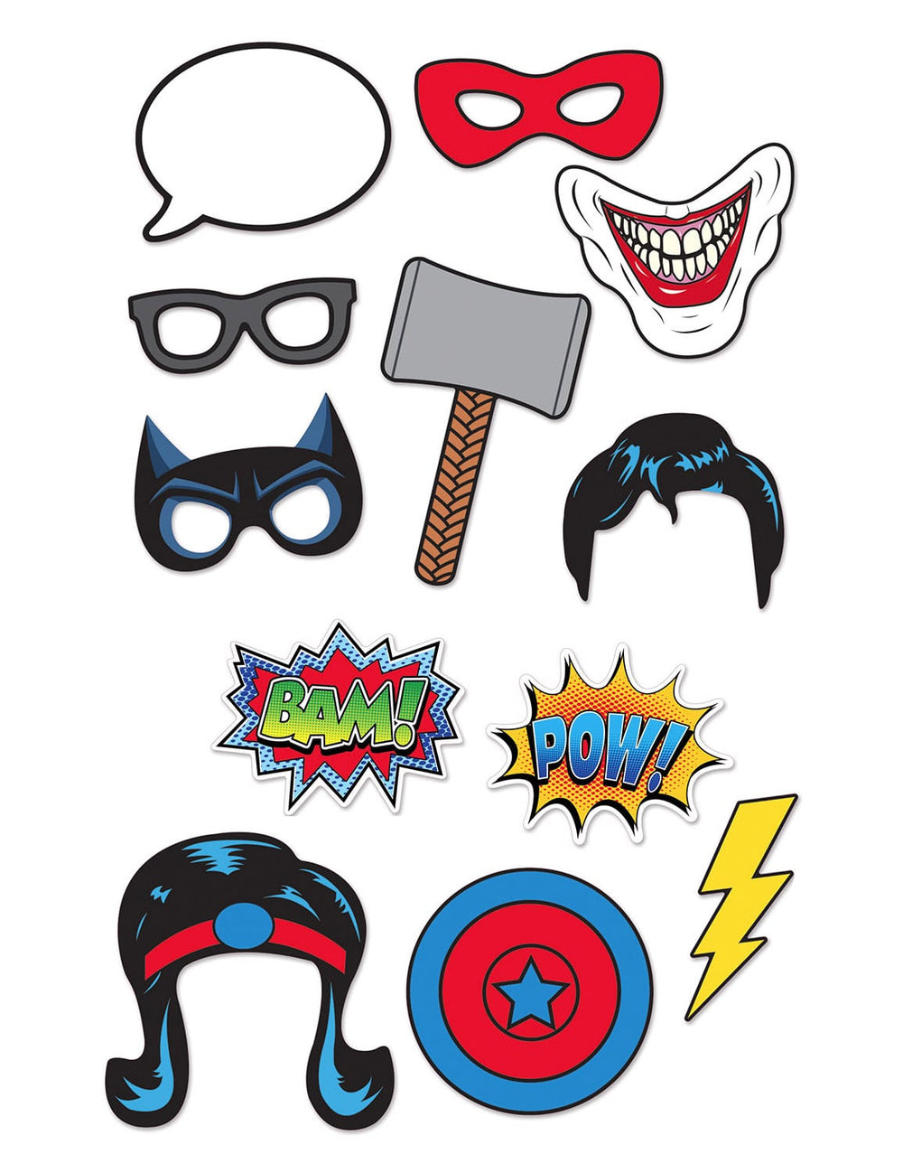 Kit photobooth 12 pièces Super-héros pour fête multicolore avec masques et bulles de texte